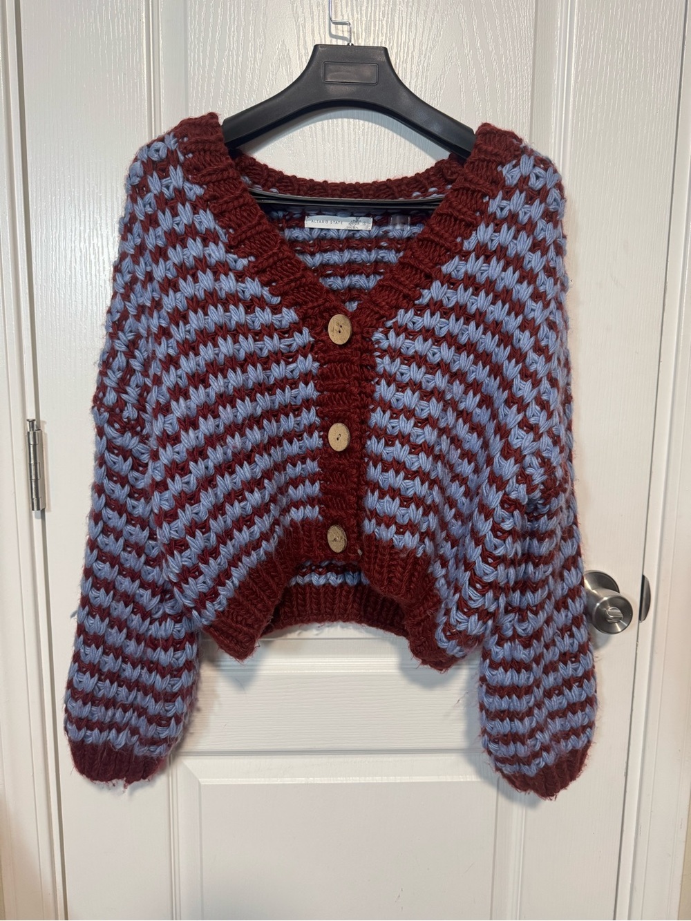Altar'd State Burgundy & Light Blue Chunky Cropped Button Cardigan